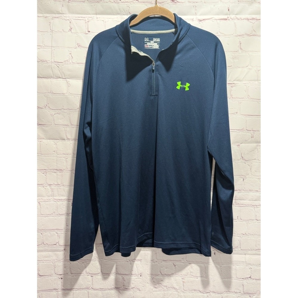 Under Armour Navy Blue 1/4 Zip Neon Green Logo Lightweight‎ Pullover Mens Size M